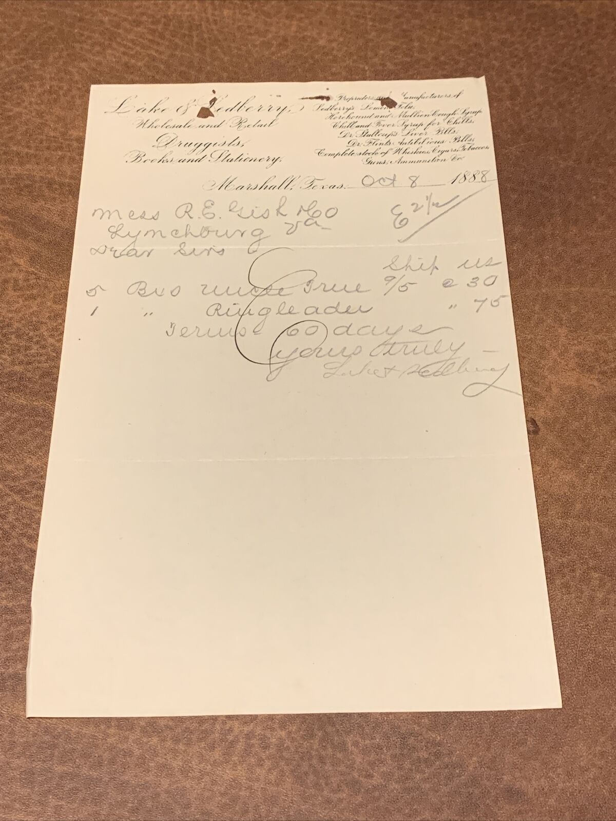 Rare - 1888 Marshall Texas Druggists Document Billhead 