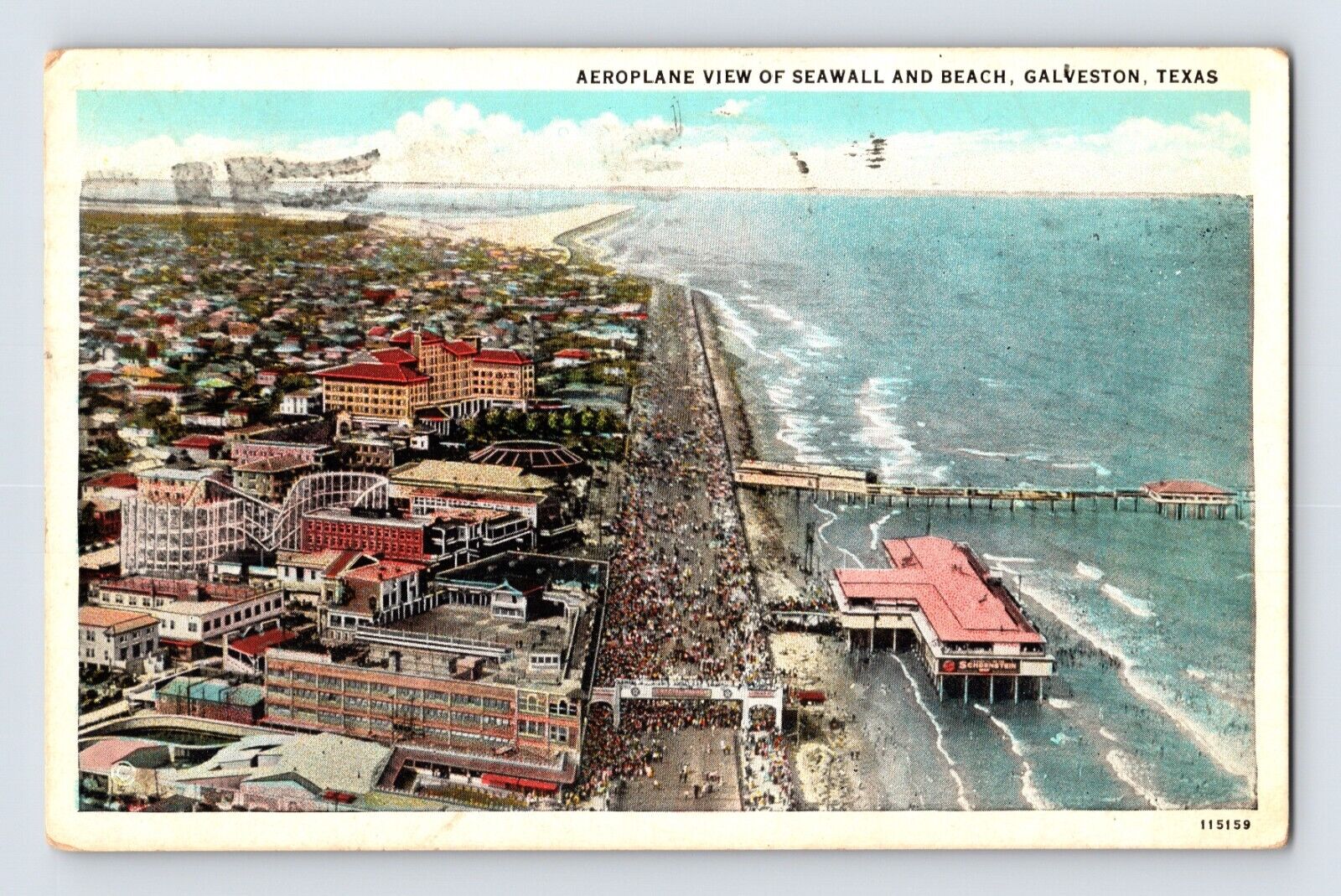 Postcard Texas Galveston TX Sea Wall Downtown Aerial 1930 Posted White Border