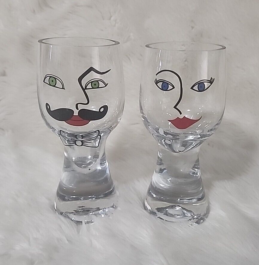 VTG Kosta Boda Sea Glasbruk Man & Woman Face Mid Centry Modern Barware Glasses