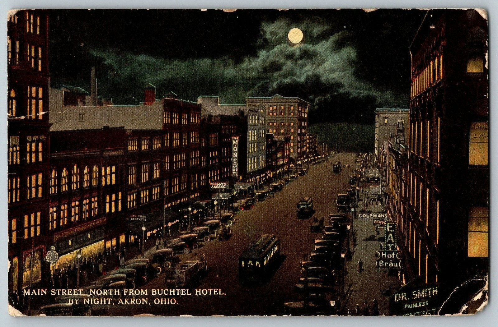 Akron, Ohio - Main Street North from Buchtel Hotel by Night - Vintage Postcard