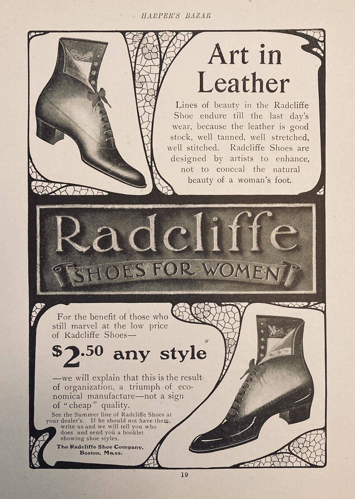 1902 AD(M8)~THE RADCLIFFE SHOE CO. BOSTON. RADCLIFFE SHOES FOR WOMEN
