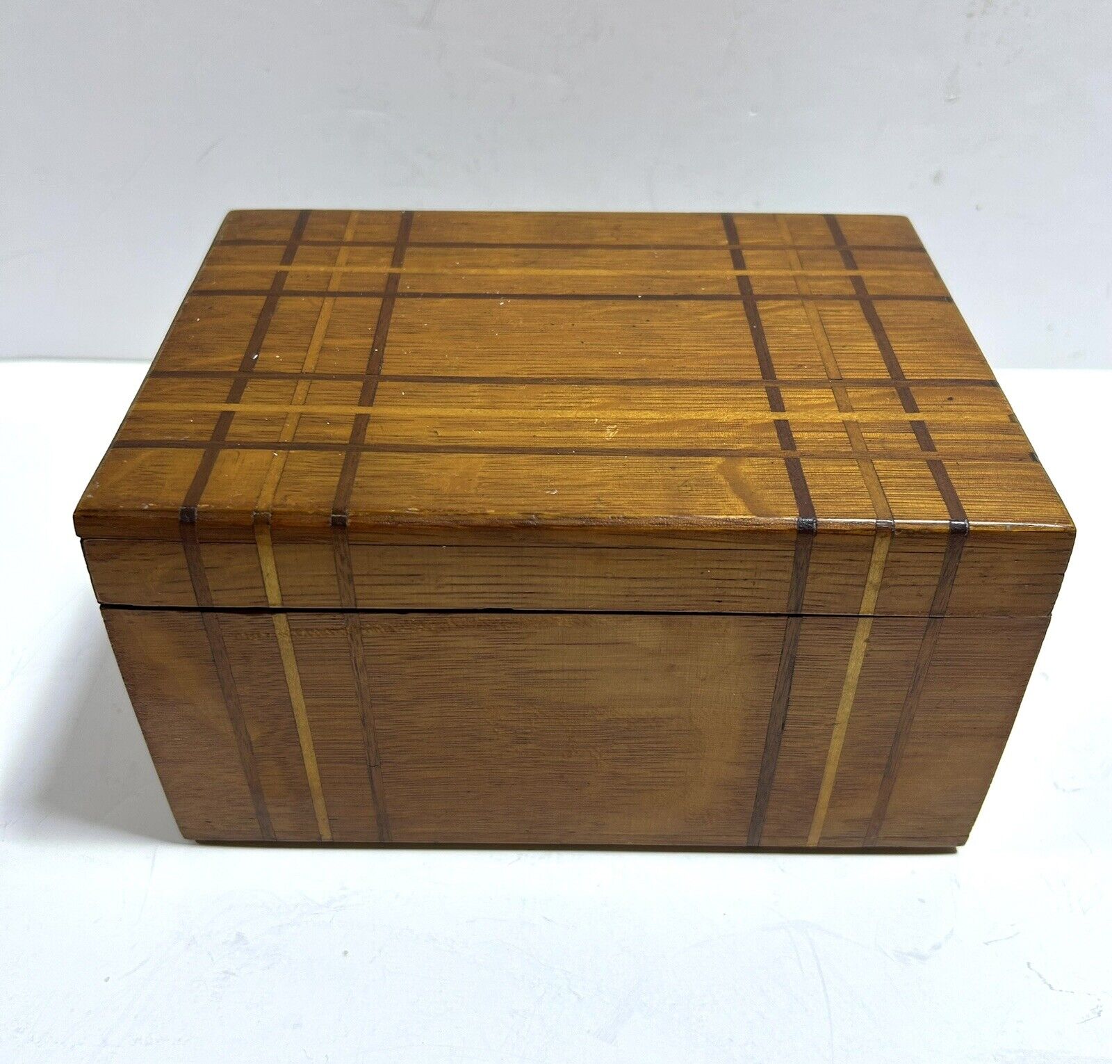 Antique Inlaid Solid Wood Box Oak (?) 8” X 6”