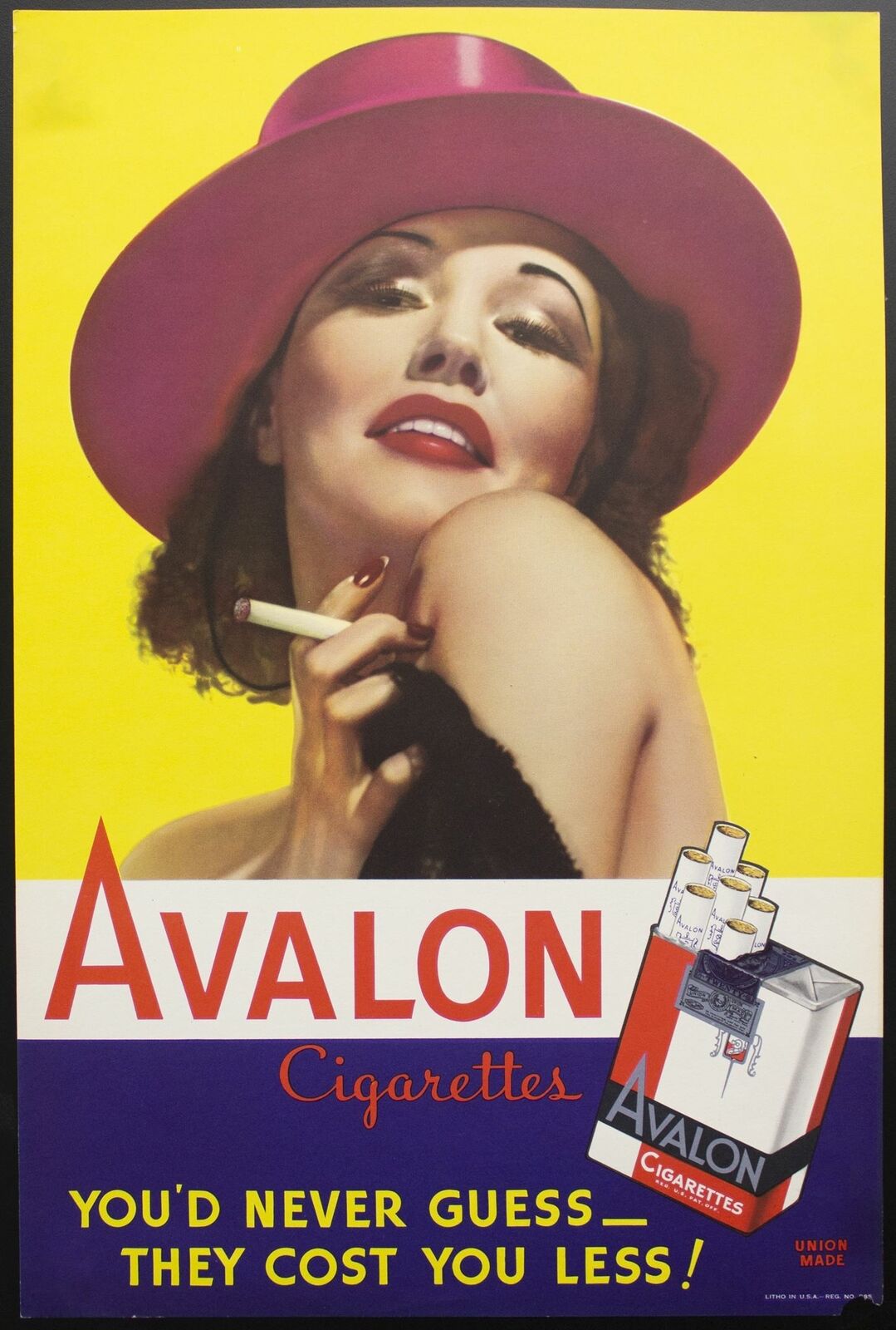 c.1940 Avalon Cigarettes Tobacco Paper Sign Vintage Poster Purple Fedora Lady
