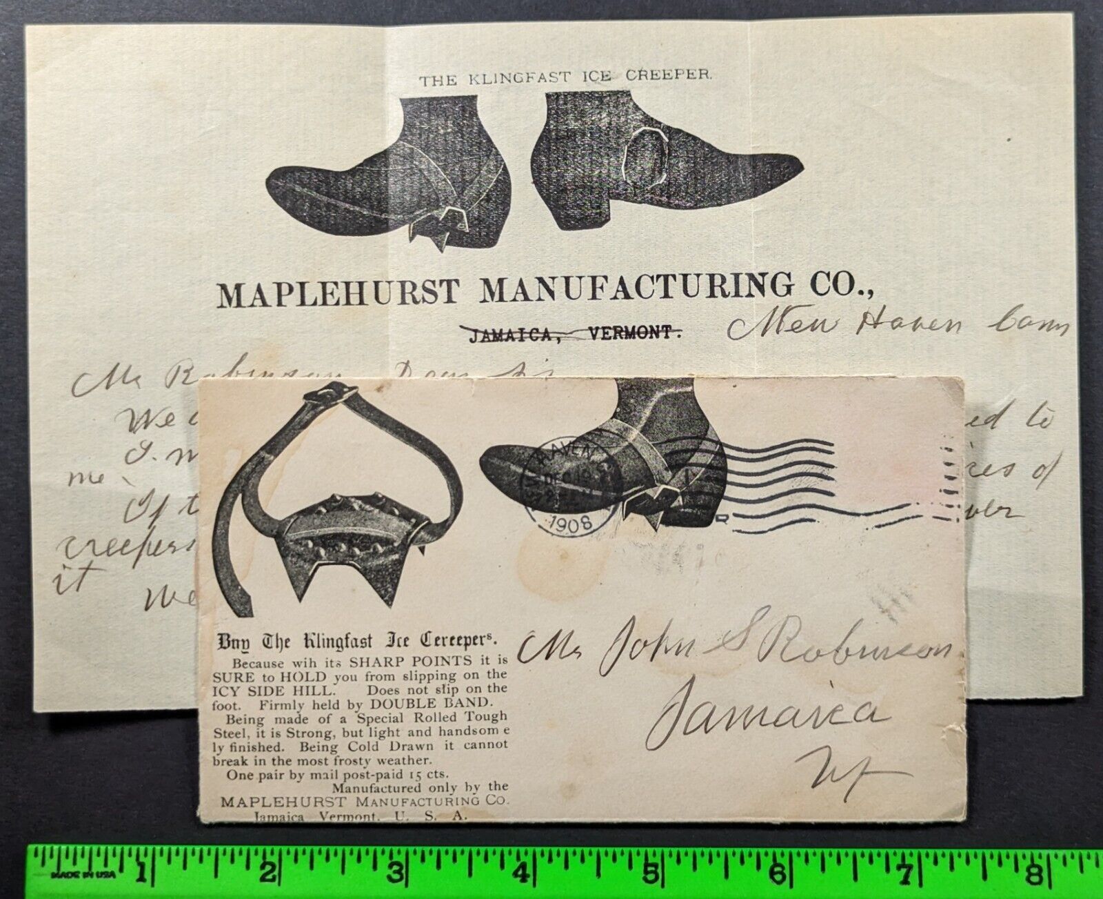 Vintage 1908 Klingfast Ice Cereeper Jamaica Vermont Envelope Letter