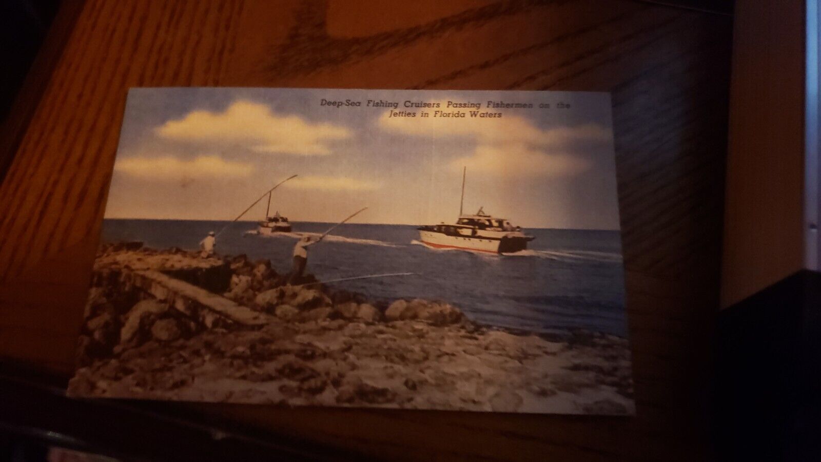 Vintage Postcard  Deep-Sea Fishing Cruisers Passing Fishermen   Linen