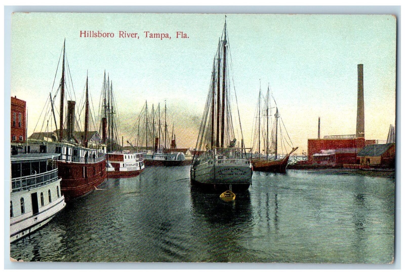 c1950\'s Hillsboro River Docks Boats Ship Smokestacks Tampa Florida FL Postcard