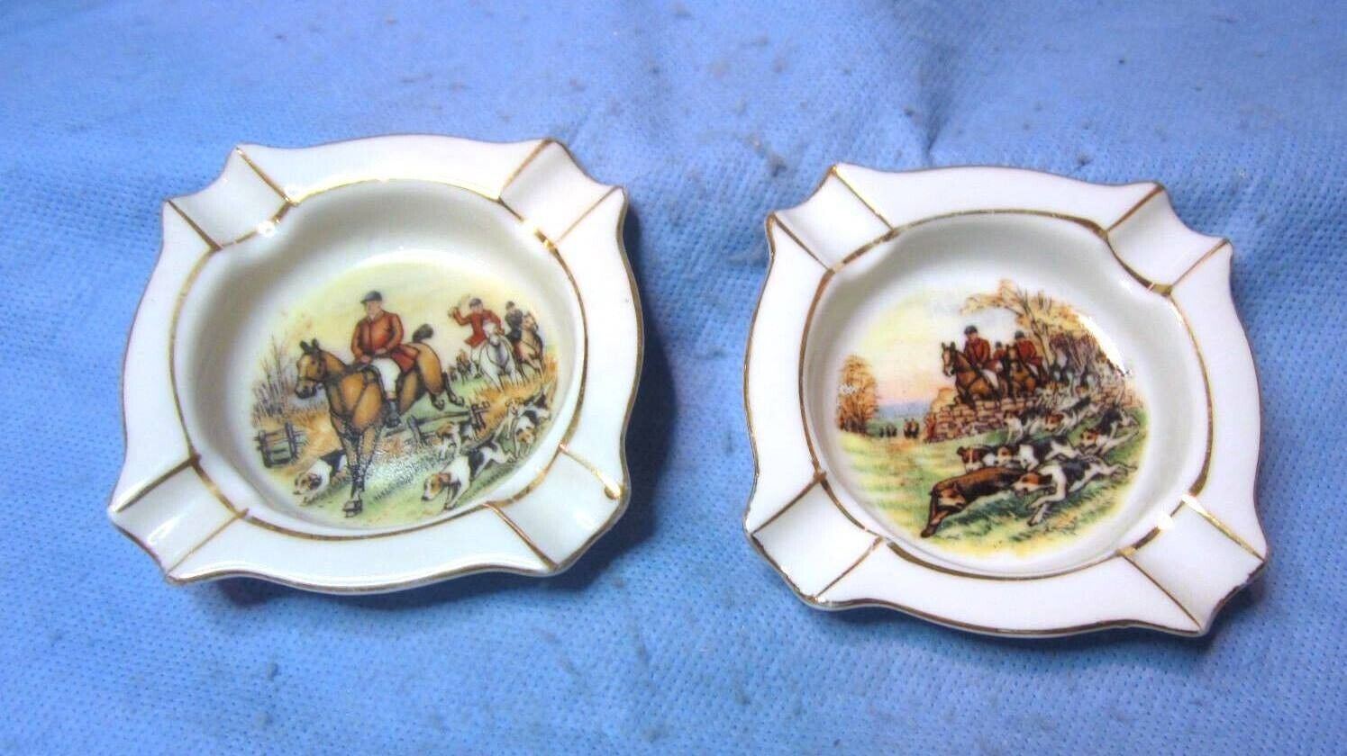 Goldcastle Ashtray Fox Hunting Equestrian w/ Hounds Horses Made in Japan Vintage