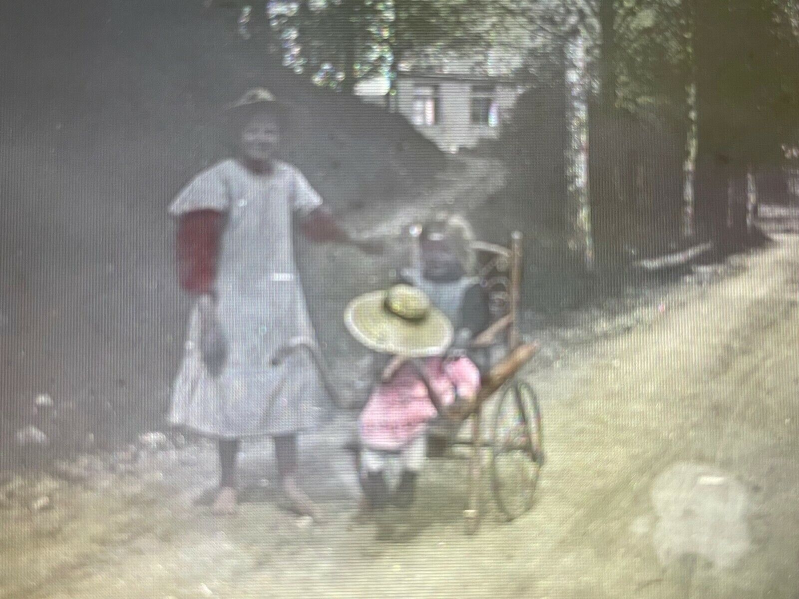 Children of Oberammergau Germany Glass Slide Full Color Wheelchair Girls mag ATQ