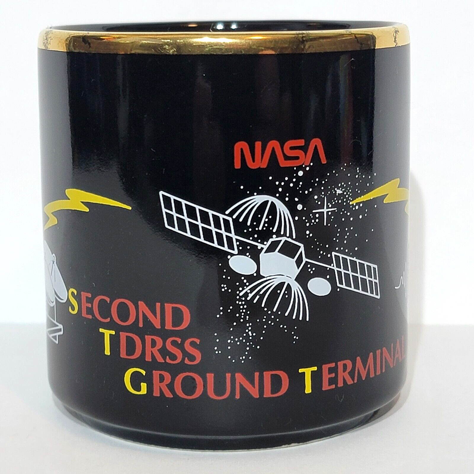 Vintage NASA Coffee Mug GE Second TDRSS Ground Terminal IEC STGT Black Gold