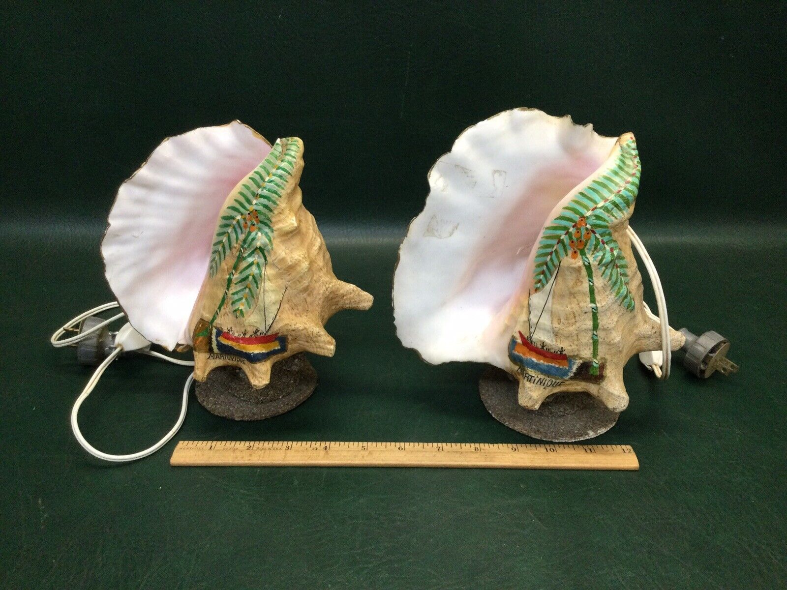 Fantastic Pair of Vintage Handpainted Conch Seashell Lamps Martinique Folk Art