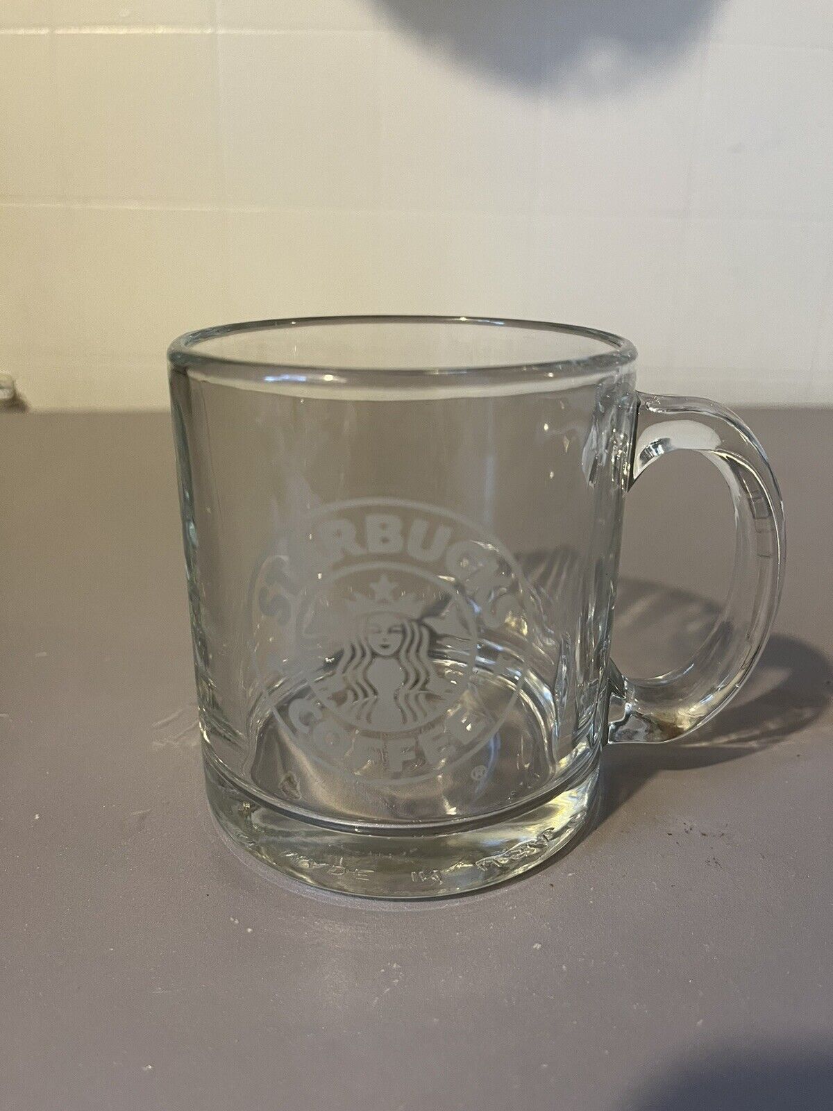 Starbucks Clear Glass Coffee Cup Mug 12 oz Etched Siren Mermaid Logo USA