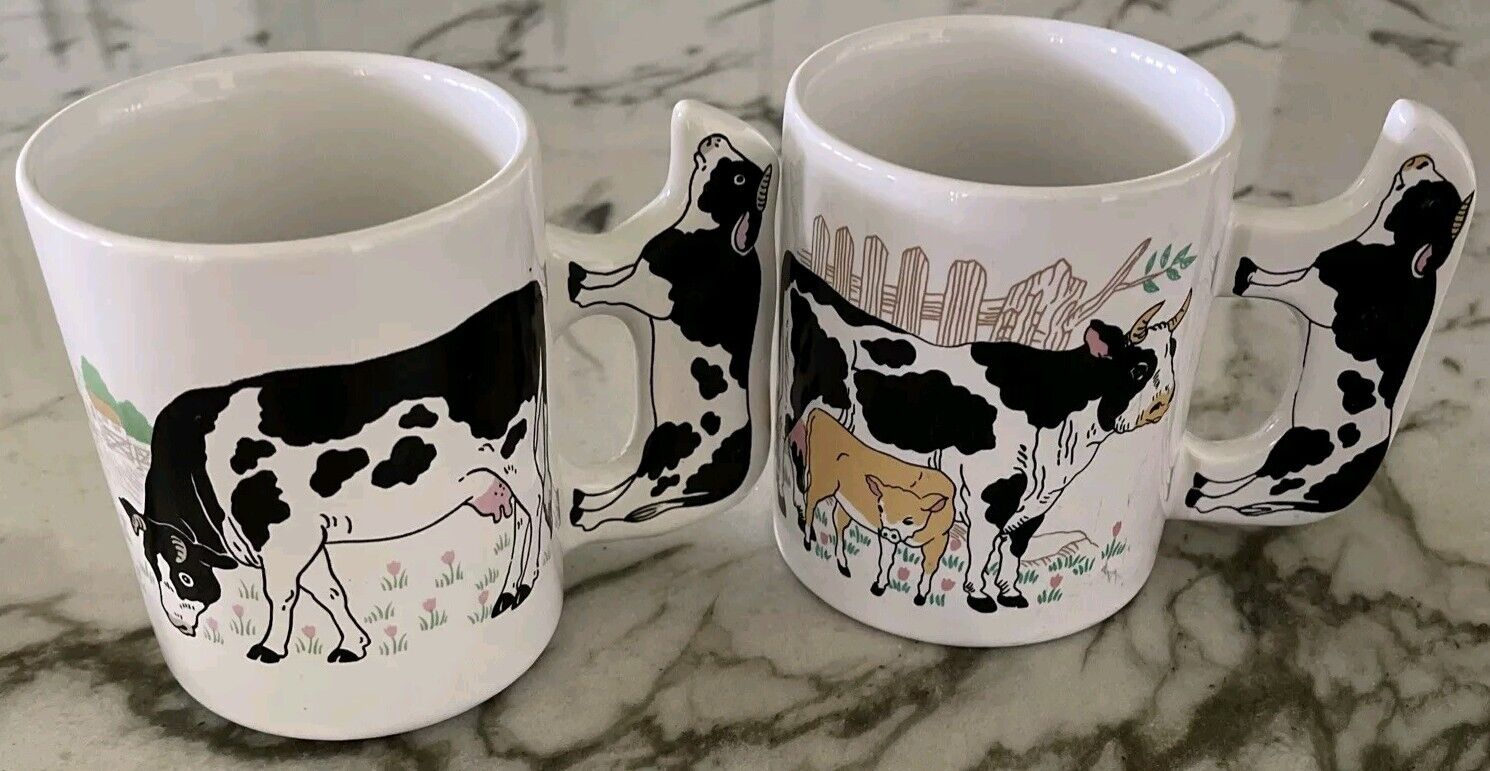Vintage Pair Cow/ Calf  Black White Grazing Field (Holstein) Ceramic Coffee  Mug