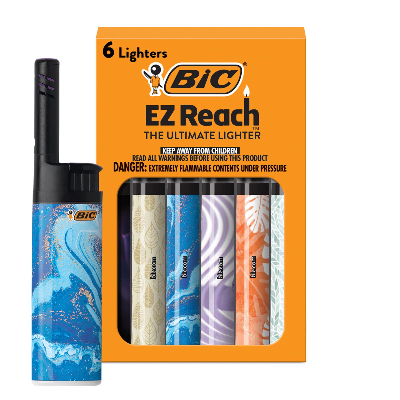 BIC EZ Reach Lighter, Home Décor Design, 6 Pack (Assortment of Designs May Vary)