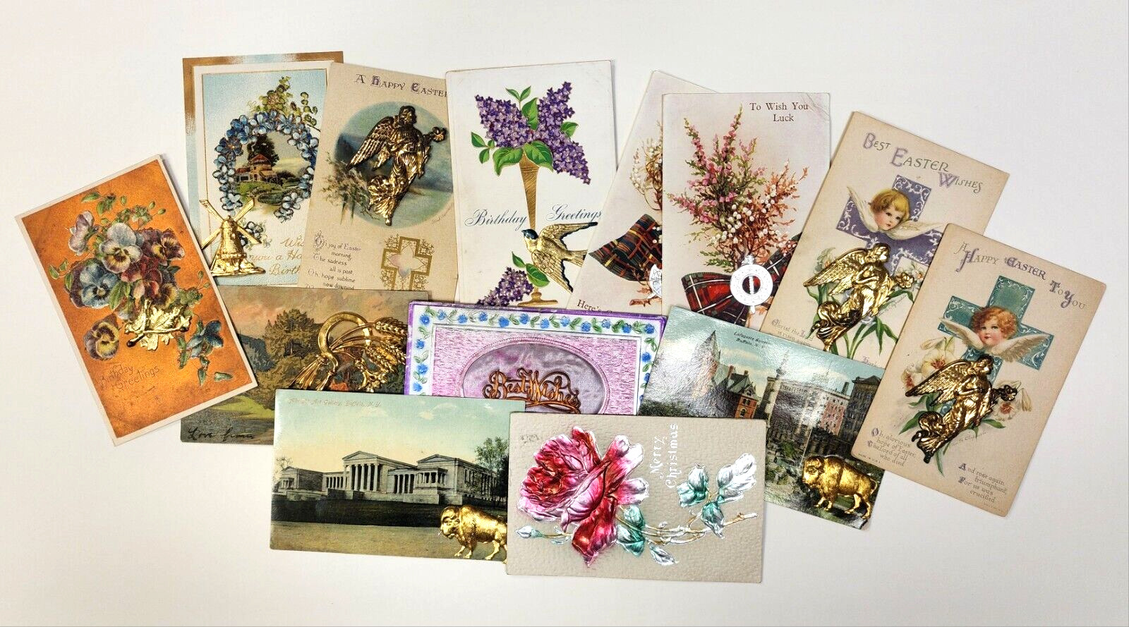 Unique 22 Antique Postcard Lot~ Metal Figure, Fabric, & Heavily Embossed