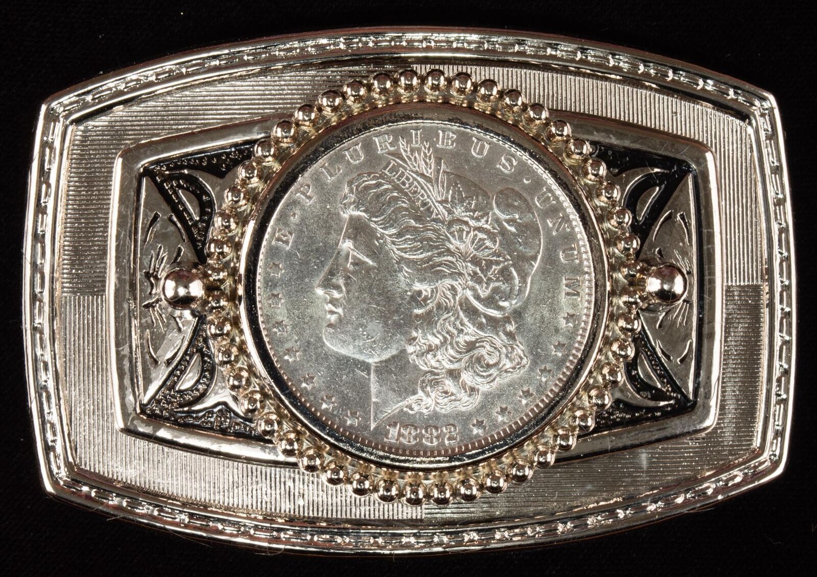 1882 Morgan Western Silver Dollar Belt Buckle Silver on Black Beaded Bezel Size