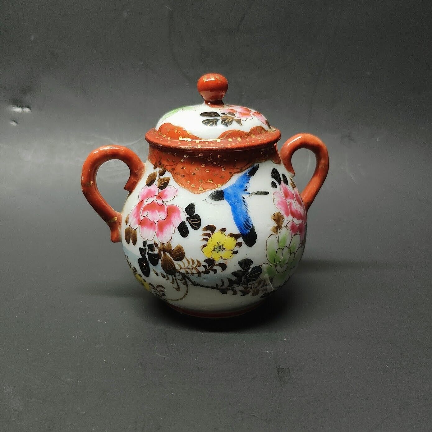 Hand-Painted Vintage Geisha Girl Chinoiserie Sugar Bowl w/ Bluebird