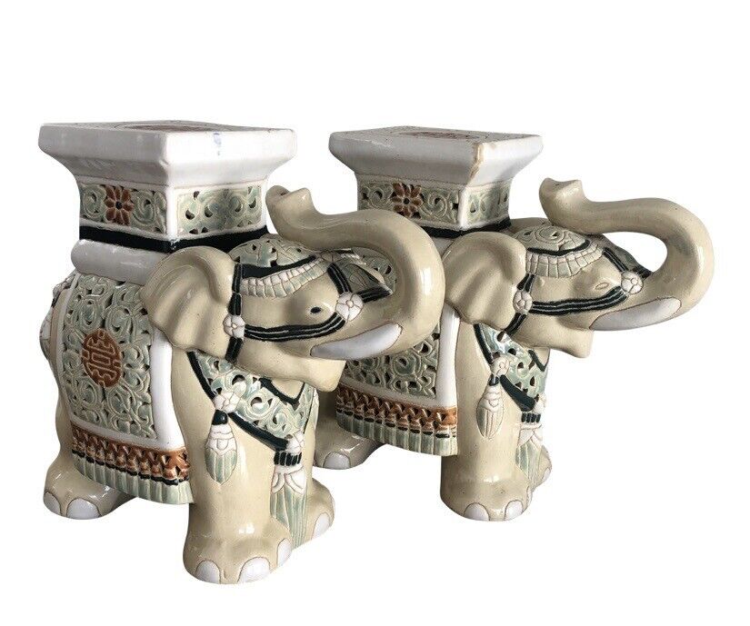 Vintage Pair Of Ceramic Majolica Colorful Elephant Plant Stands 12”