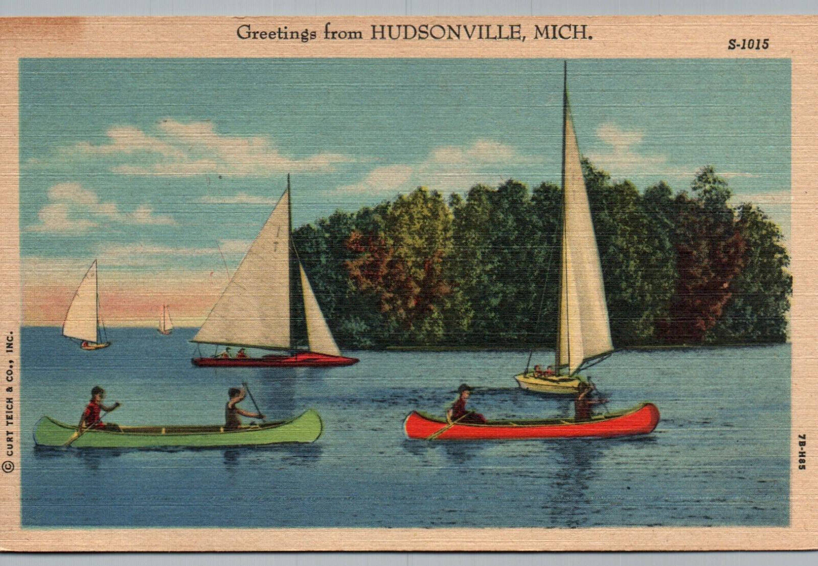 Hudsonville Michigan Postcard Greetings from Lake Scene Boats Canoe MI Linen old