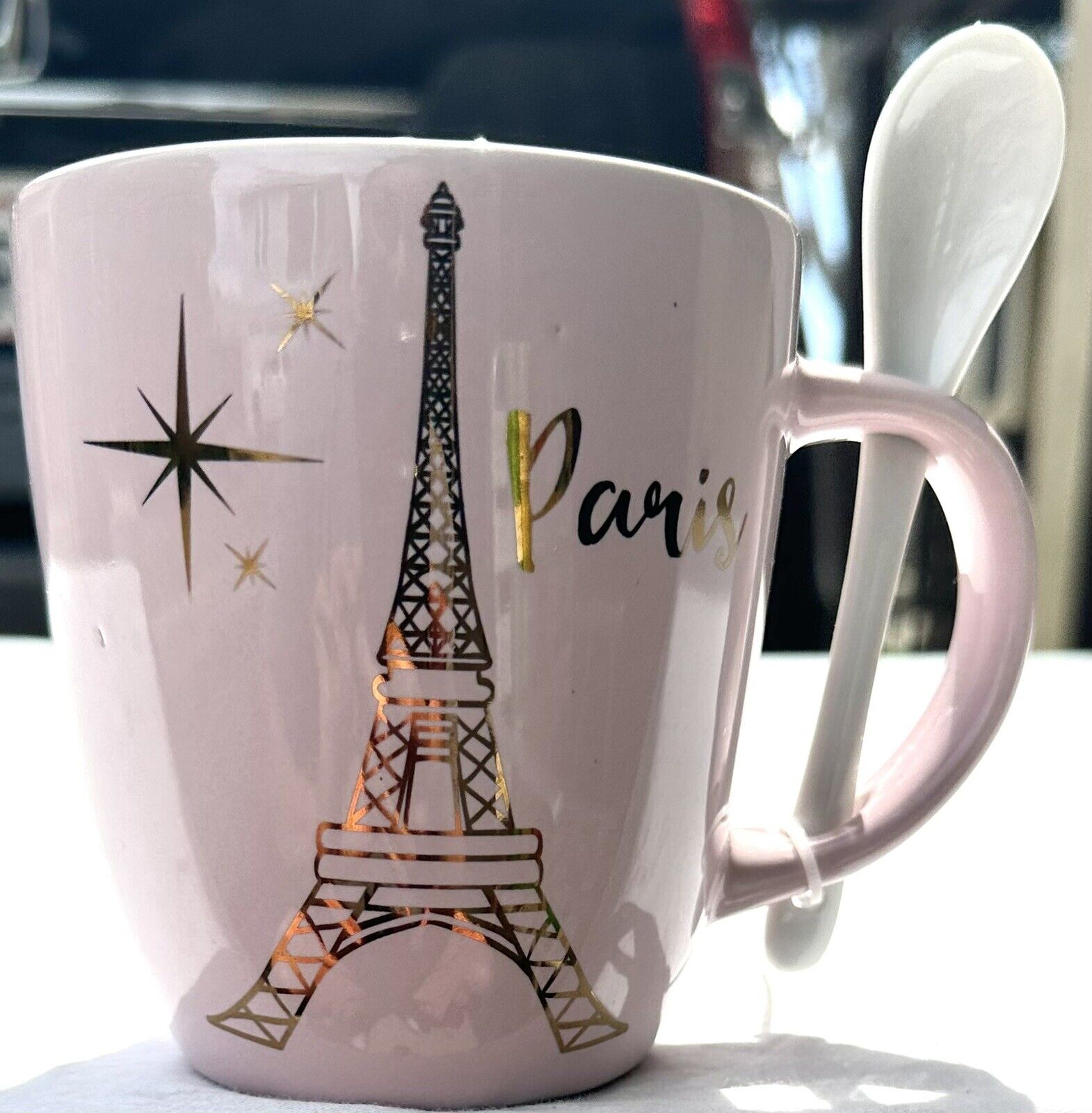 Paris Eiffel Tower Coffee Mug 11oz Ceramic Pink With Spoon