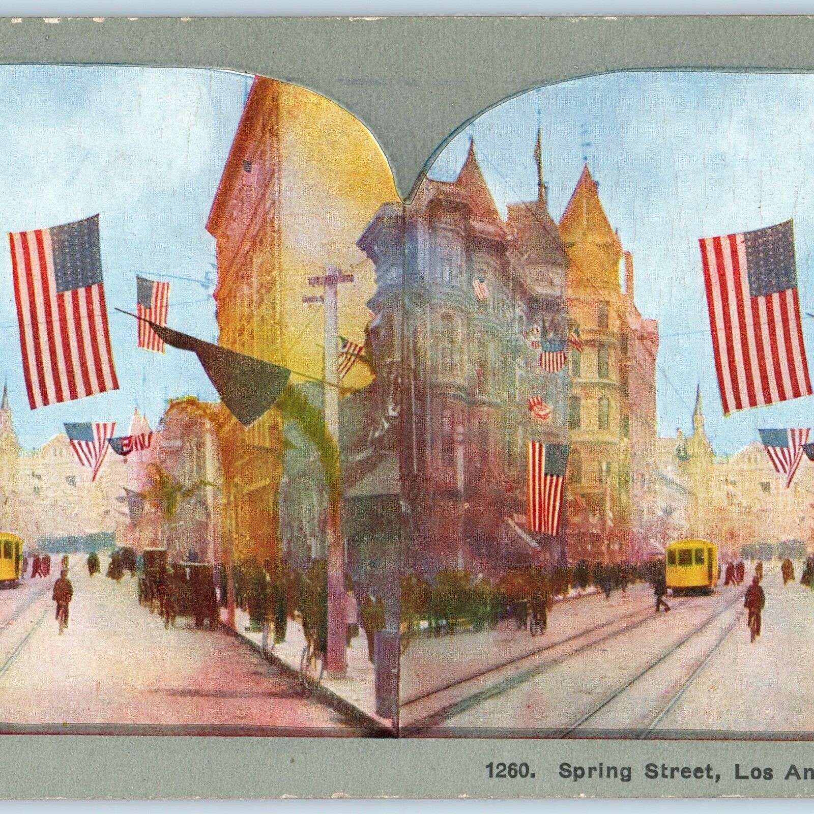 c1900s Los Angeles, CA Spring Street Downtown Car Litho Photo Stereo Card V7