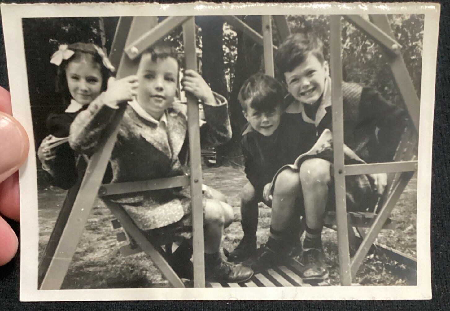Vintage Photo Of Children On Swingset 1940S Black-And-White Photograph CUTE