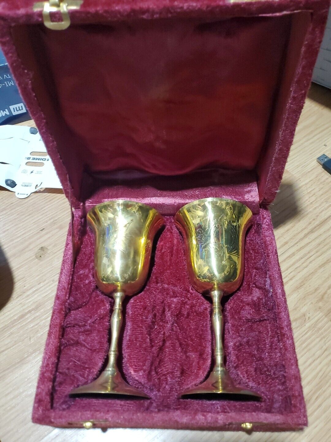 Vintage Eteched Brass Wine Goblets In Maroon Velvet Case