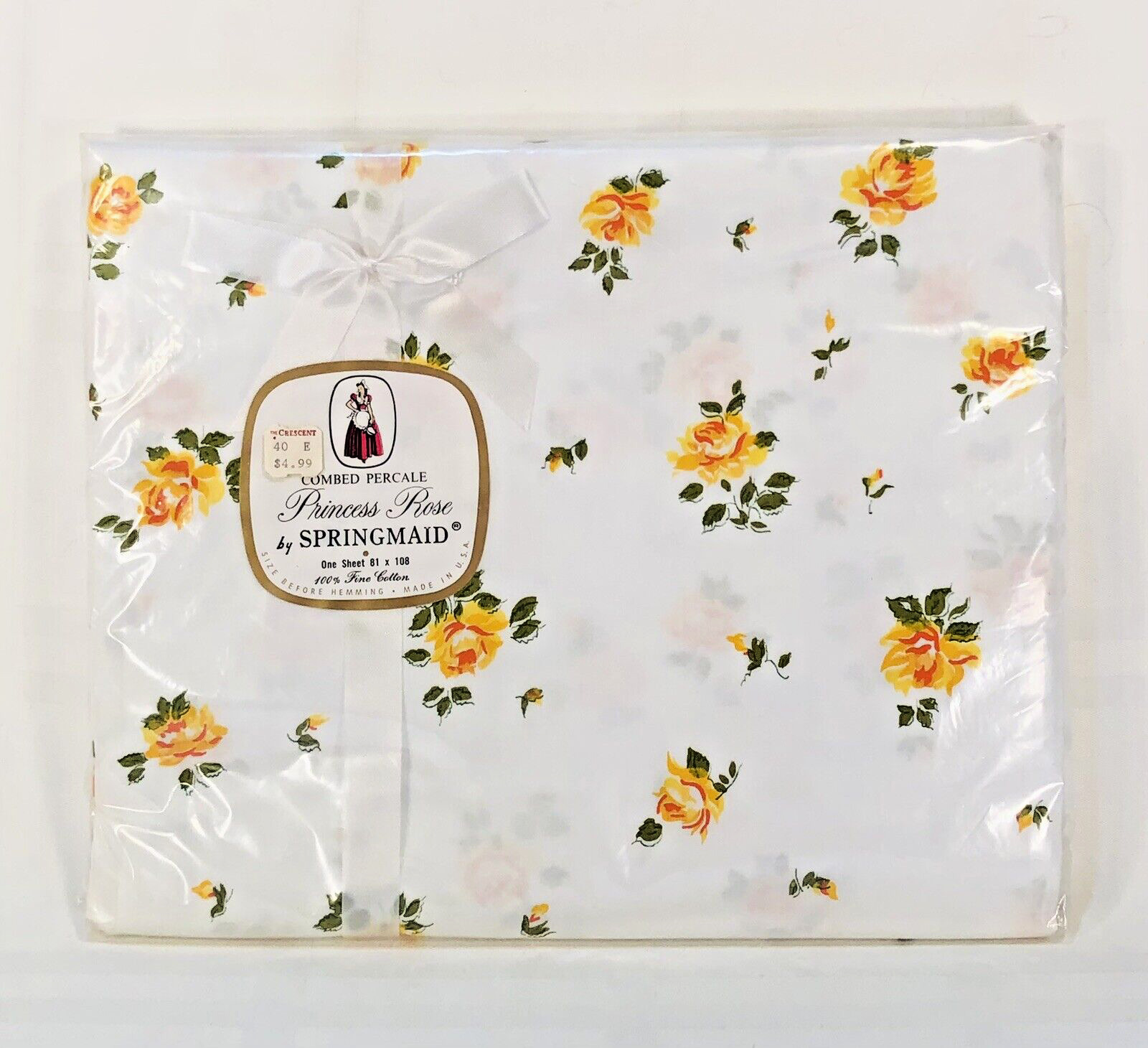 Vtg NOS Springmaid Princess Rose FLAT SHEET 81 x 108” 100% Cotton Percale Yellow