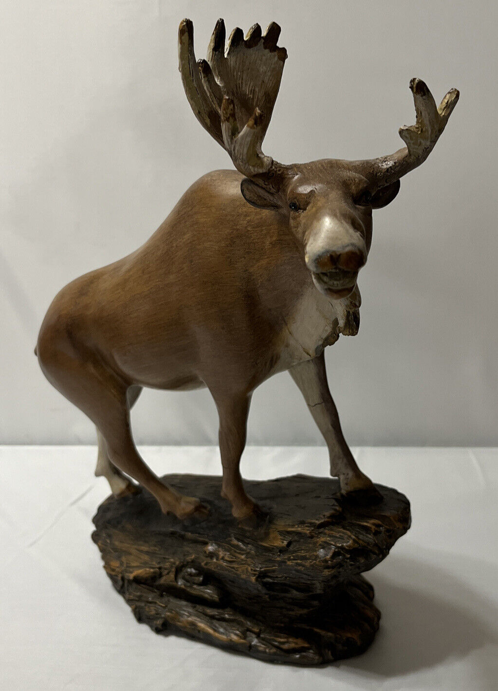 Wild Elk Bull Moose Statue Figurine With Wood Base.  Outdoors Mountains Nature