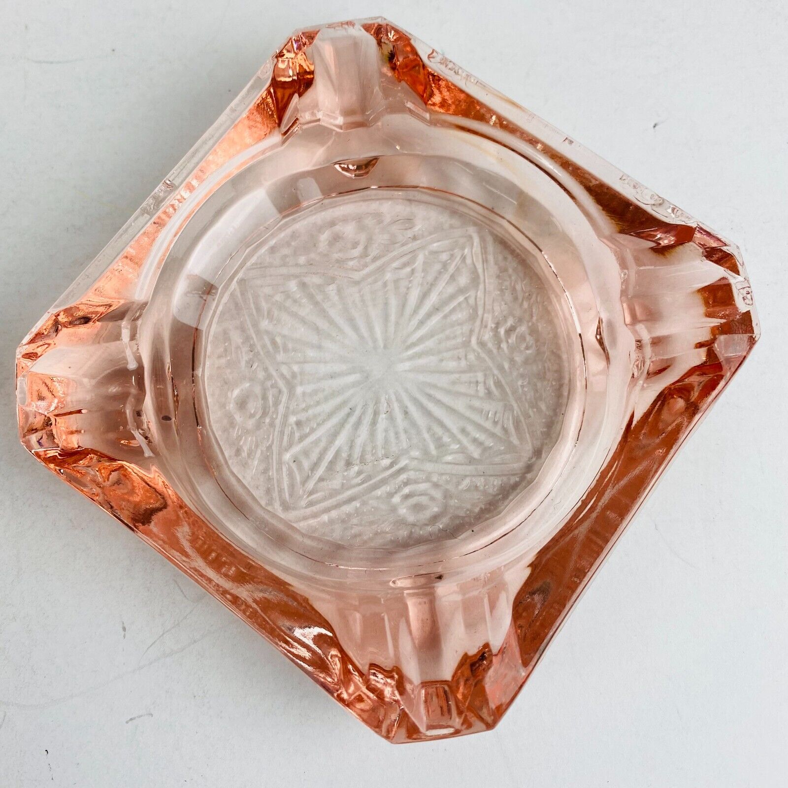 Art Deco Depression Glass Jeannette Glass Adam Pattern Square Pink Ashtray *