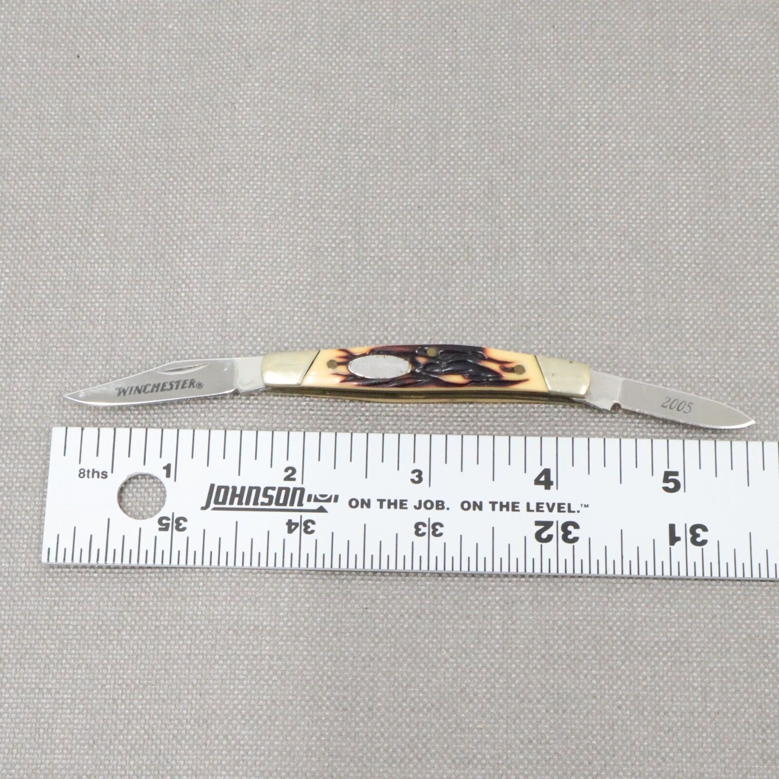 Winchester 2005 Mini Folding Pocket Knife 2 Blade Clip Spear Points Stag Scales