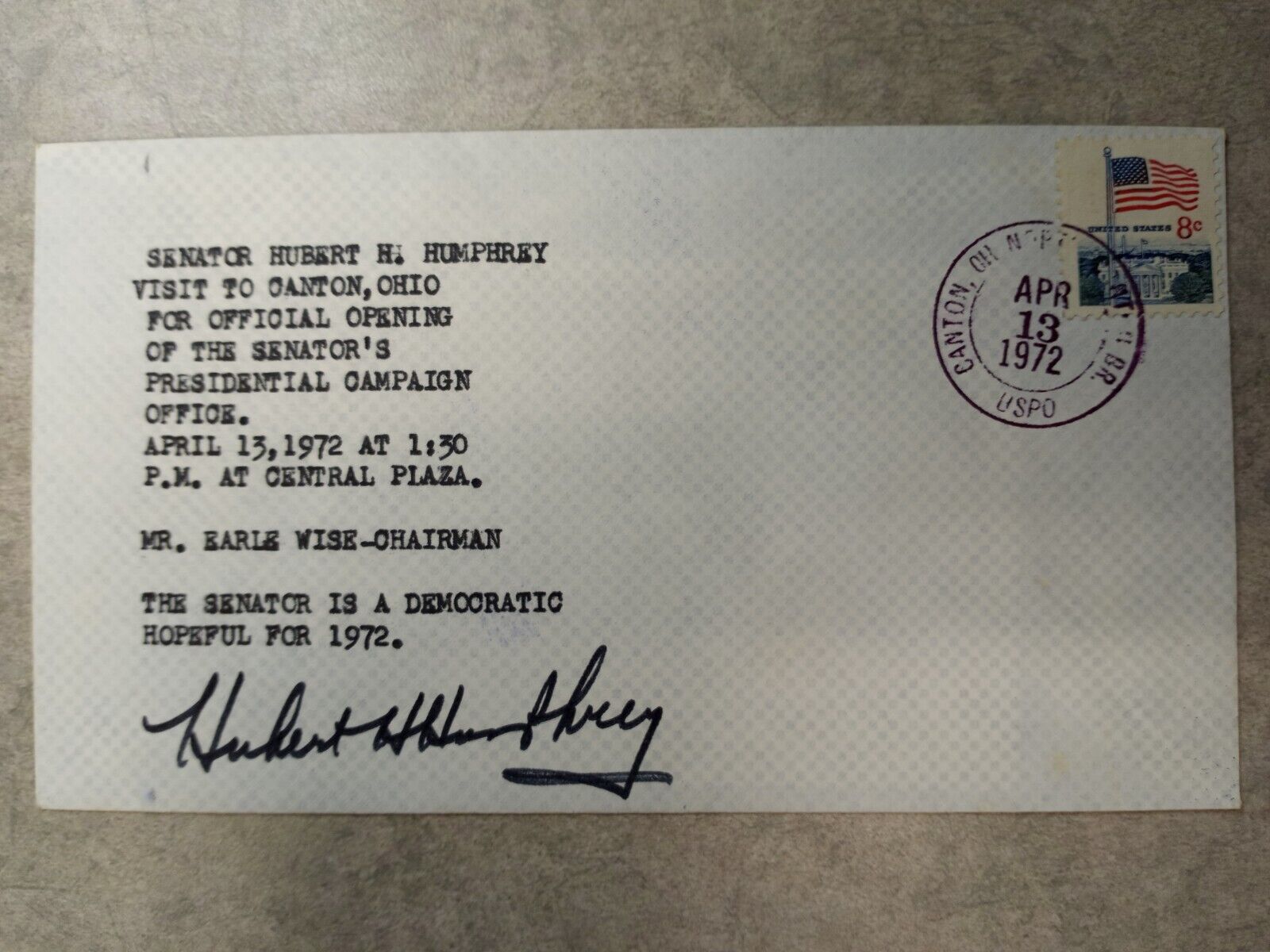 Sealed Envelope Signed By Senator Hubert H. Humphrey - Canton, OH 1972