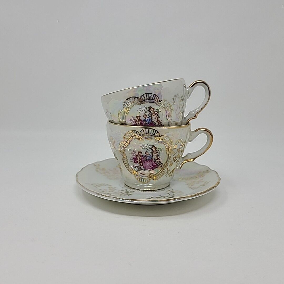 Tea Cups and Saucer Courting Couple Vintage Lusterware Demitasse