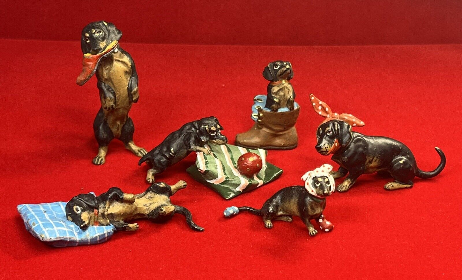 6 Fritz Bermann Wien Austrian Cold Painted Bronze Dachshund Dogs