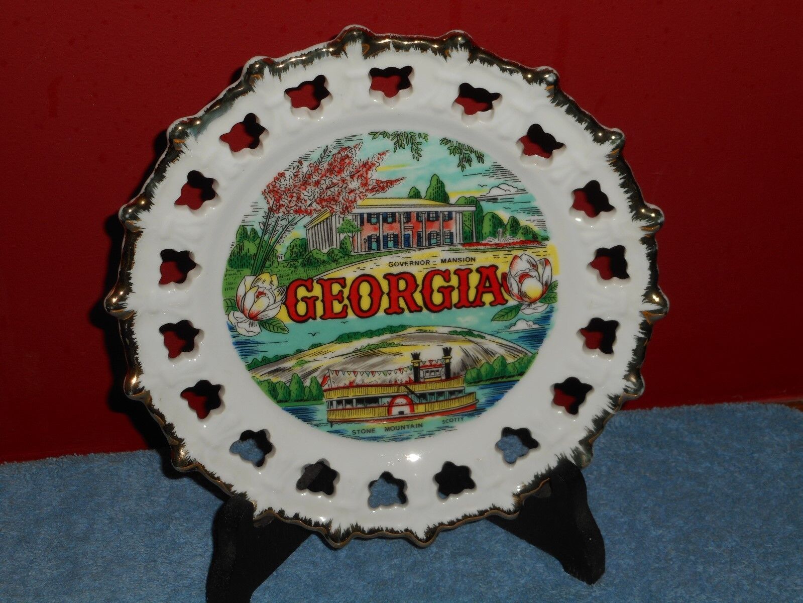 Vintage GEORGIA Souvenir Plate RIVERBOAT Porcelain Pinwheel Doric Lace SCOTTY