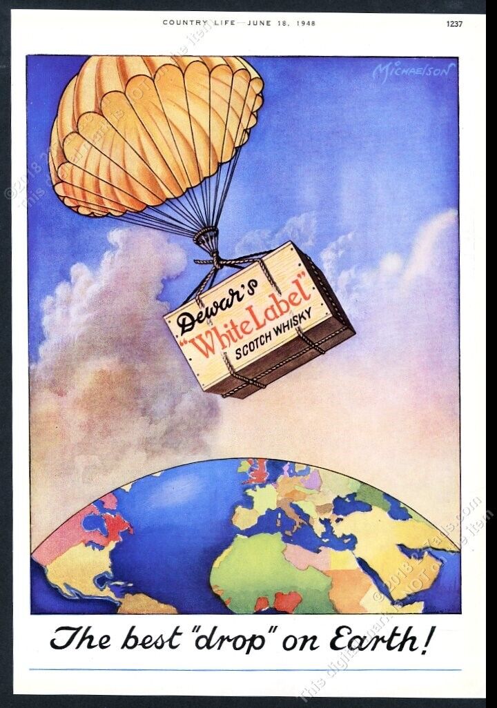 1948 Dewar\'s Scotch Whisky parachute case over Earth art UK vintage print ad