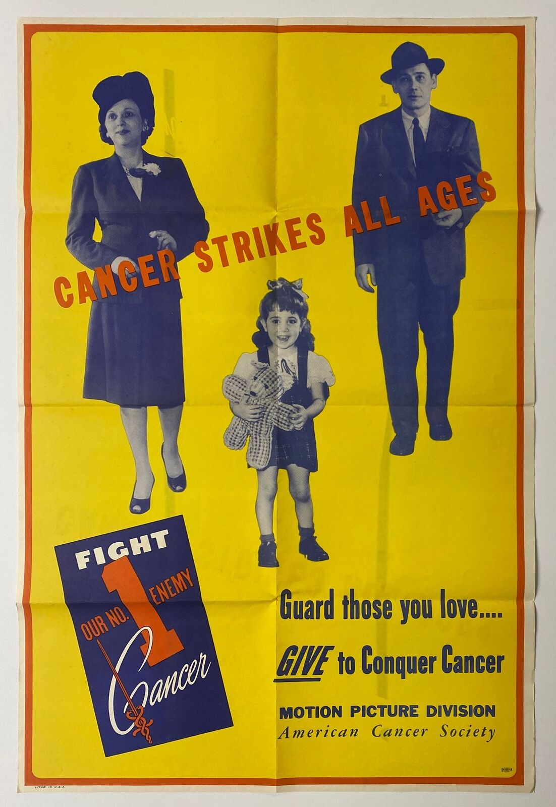 c.1940s Cancer Strikes All Ages Poster American Cancer Society Theater Campaign