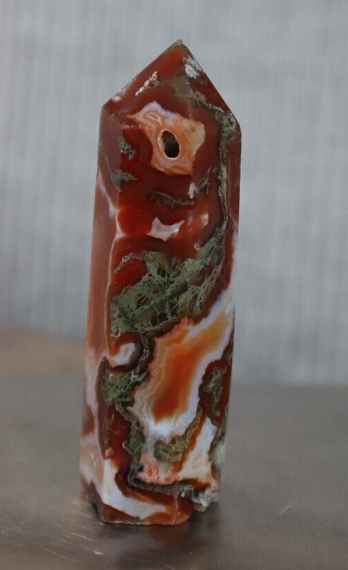 RED MOSS AGATE POINT 3.08 INCHES TALL/ 69.6 GRAMS