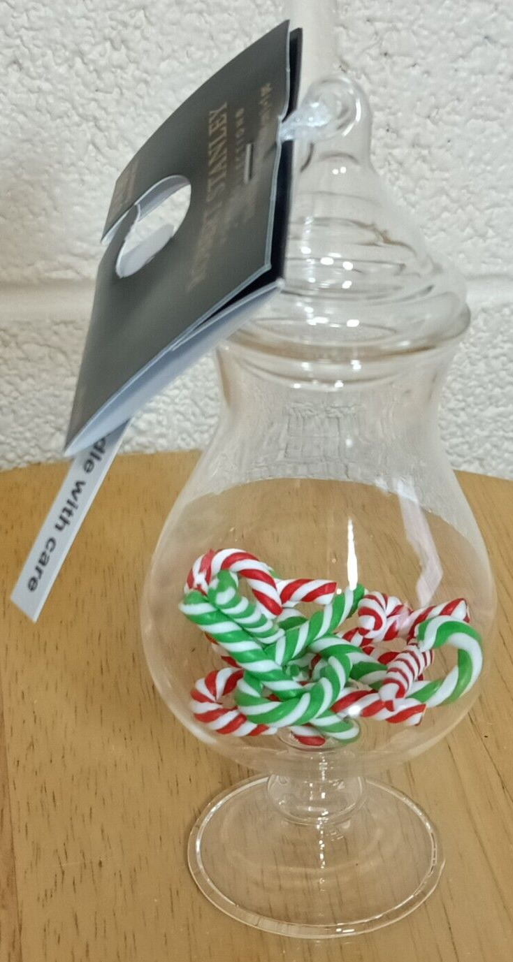 Clear Glass Candy Jar Christmas Ornament with Candy Canes Red & Green - NWT