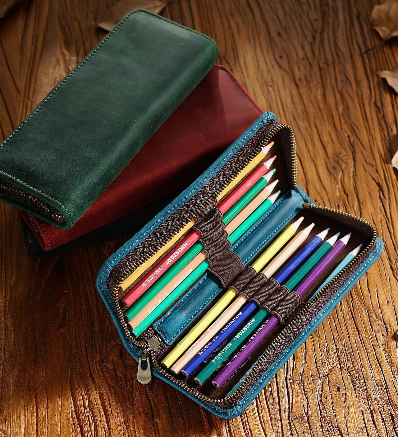 Handmade Cowhide Leather Zipper Pen Case, Pencil Case Stationery Storage Bag