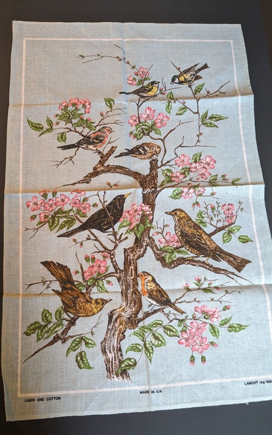 Vintage Lamont Tea Towel Birds & Blossoms Made In UK New 50% Linen 50% Cotton