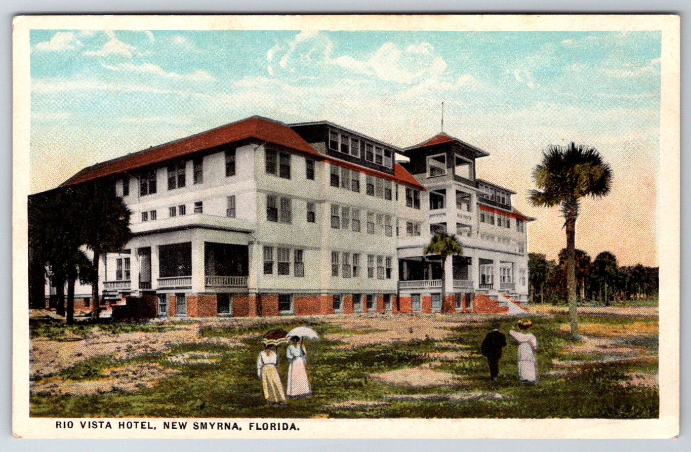 c1920s Rio Vista Hotel New Smyrna Florida Parasol Hat Palm Antique Postcard