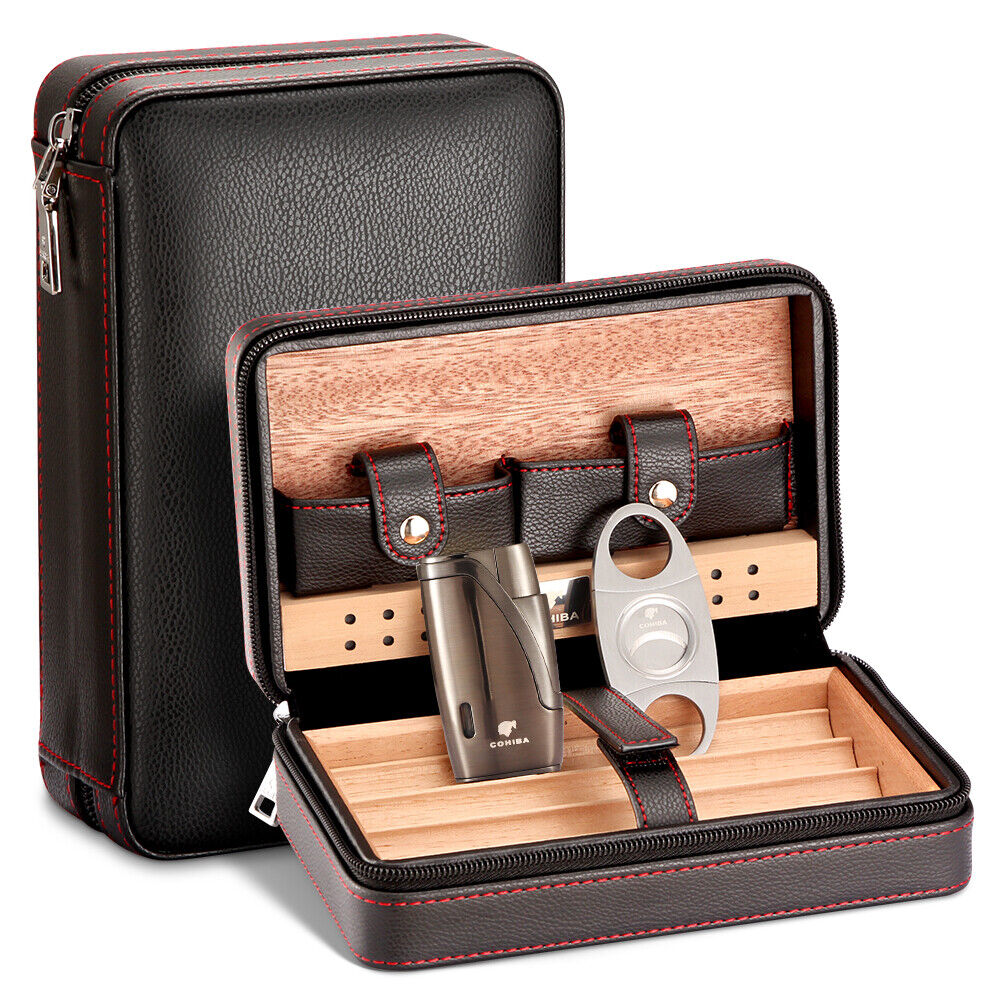 Travel Leather Cigar Humidor Case Box Cutter 2 Jet Torch Lighter Set Box Black