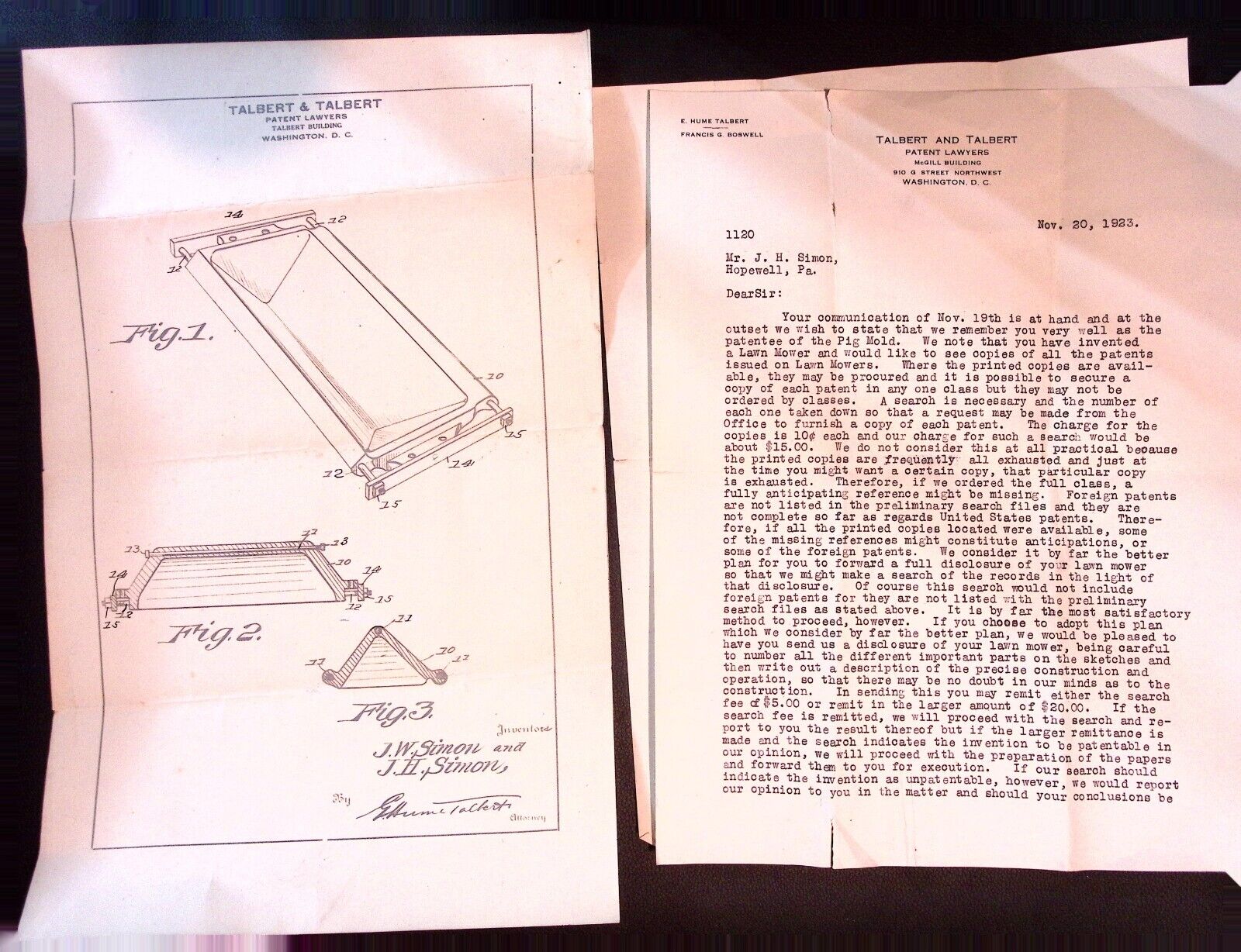 JW Simon JH Simon Pig Mold Patent Application & Letter Talbert Talbert 1923