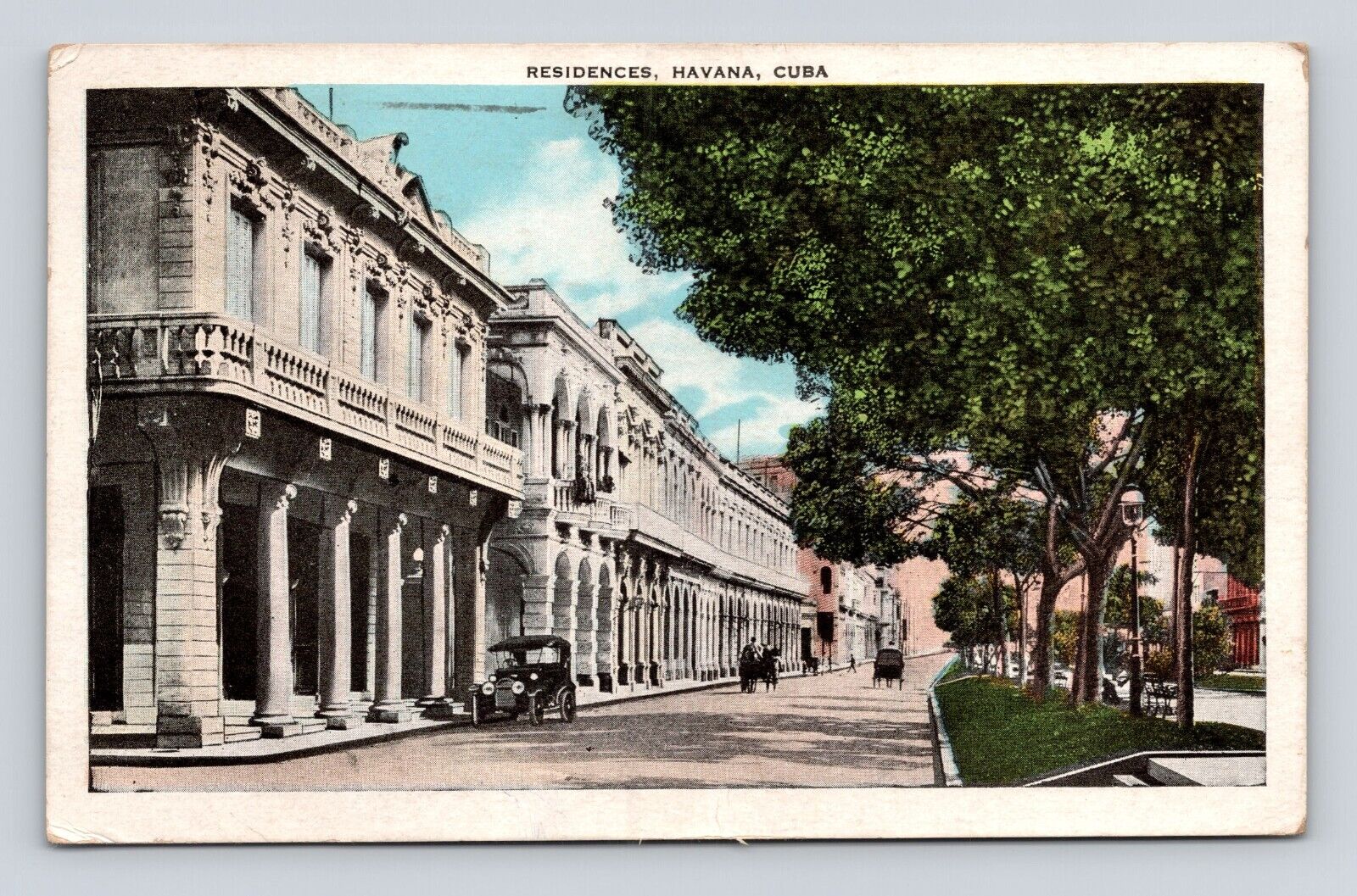 Antique Postcard RESIDENCES HAVANA CUBA 1928 cancel CARS HORSE CARRIAGE BUGGY