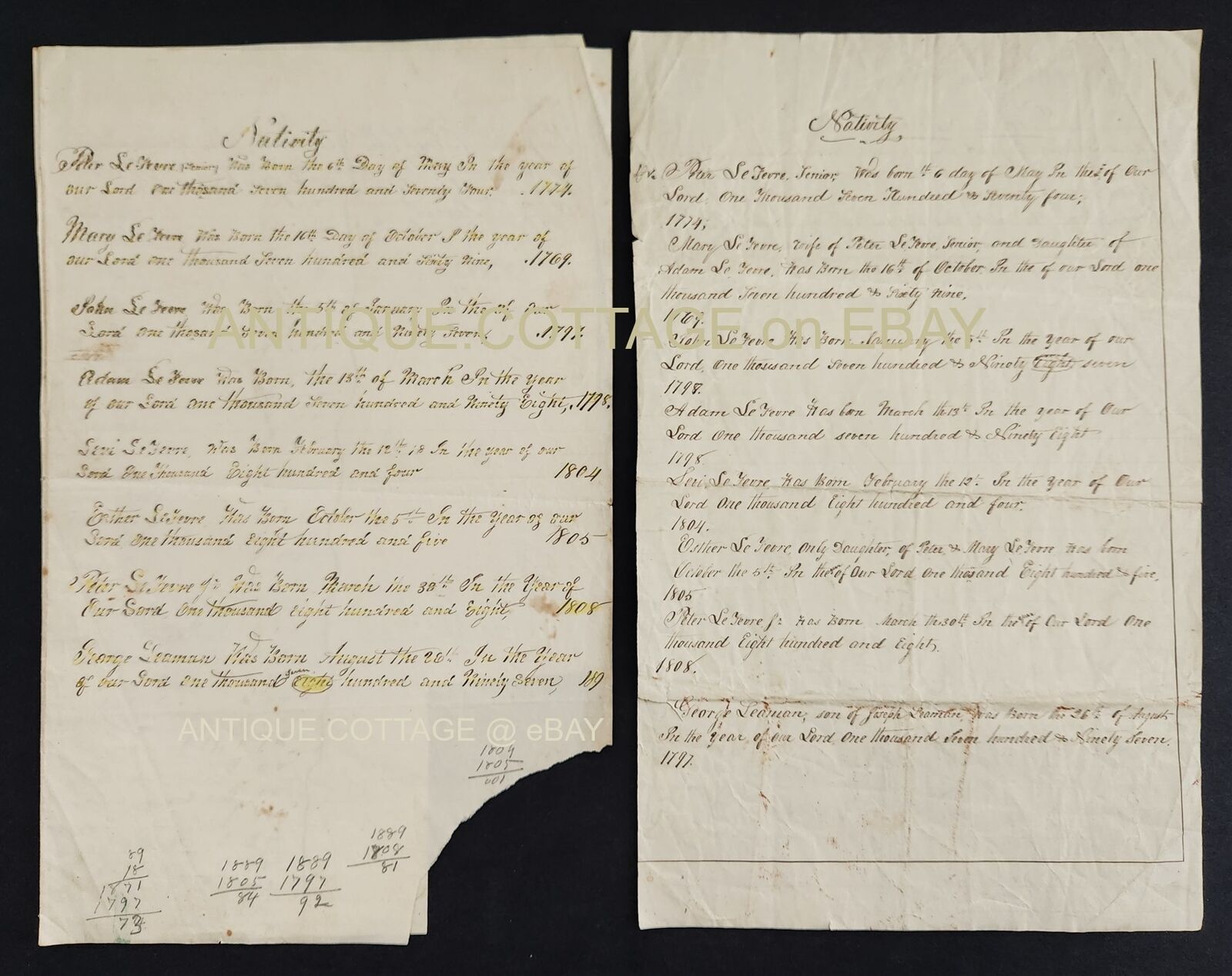 1774 antique LEAMAN LeFEVRE family GENEALOGY handwritten with poem Sam Leaman