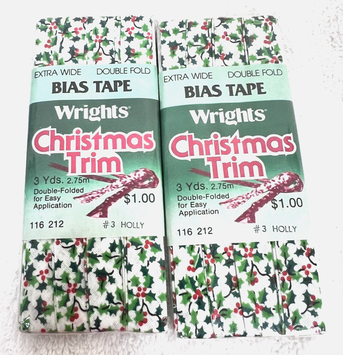 Vintage Lot 2 Christmas Wrights Bias Tape White with Green Holly & Red Berries