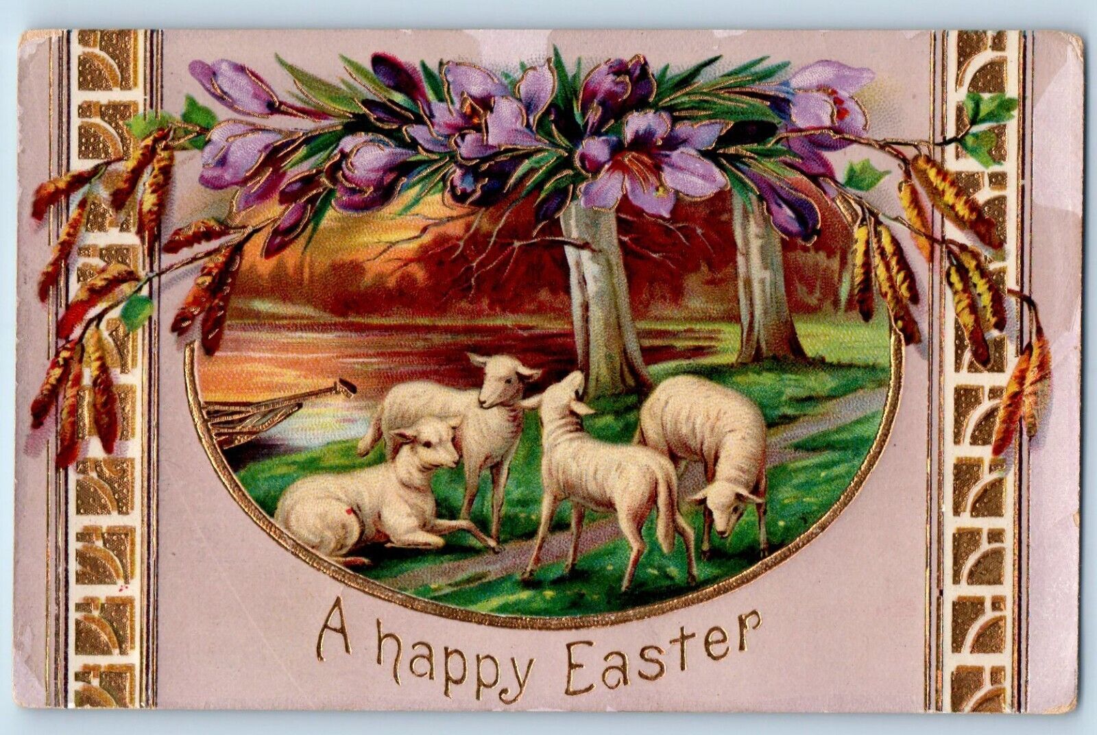 Easter Postcard Lamb Flowers Cattail Gel Gold Gilt Beverly Illinois IL 1912