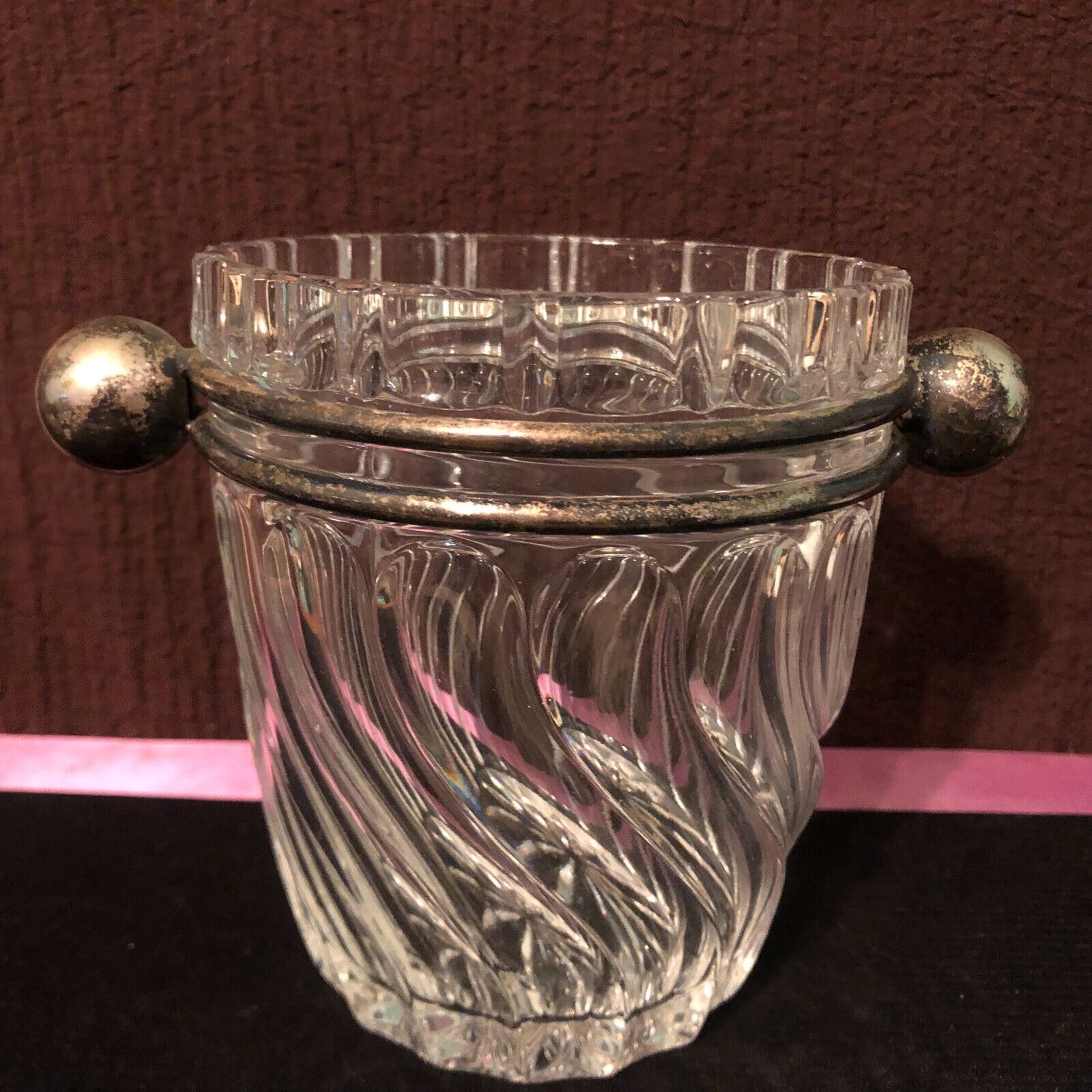 vntg Unique  heavy cut glass vase with metal and balls trim      k