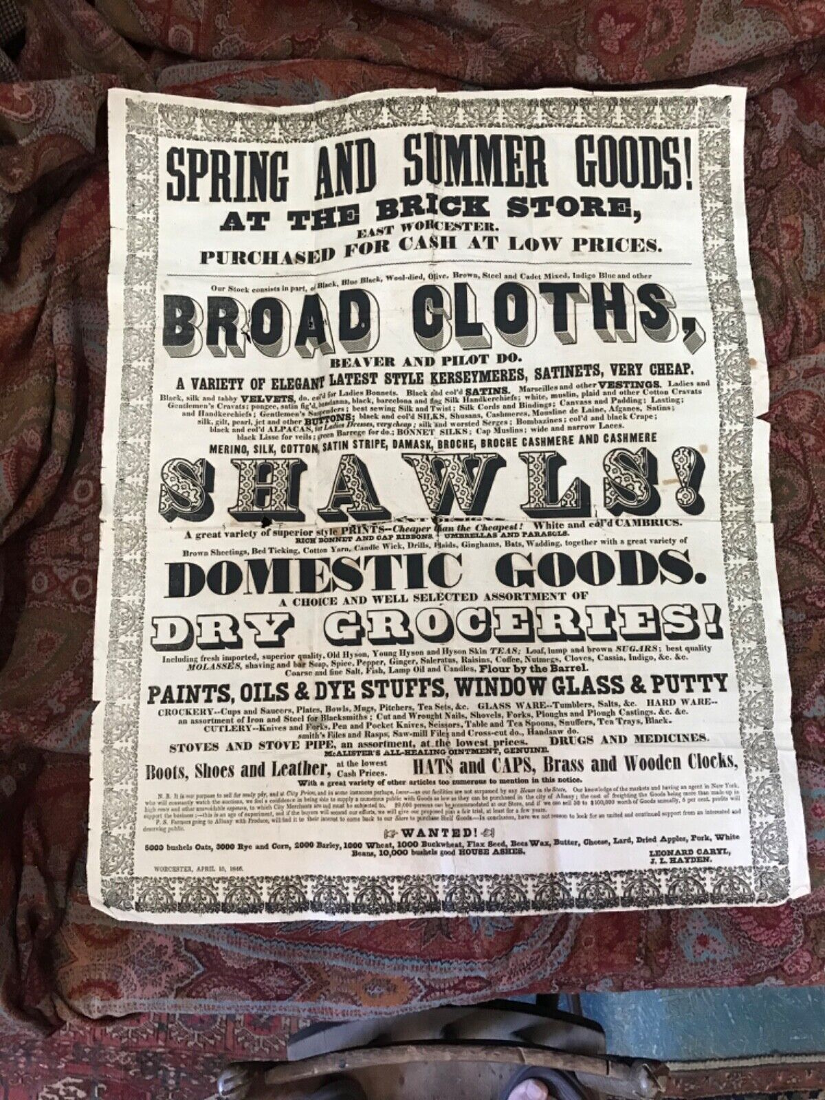 LARGE 23” x 19” 1846 GENERAL COUNTRY STORE BROADSIDE ADVERTISING WORCESTER NY