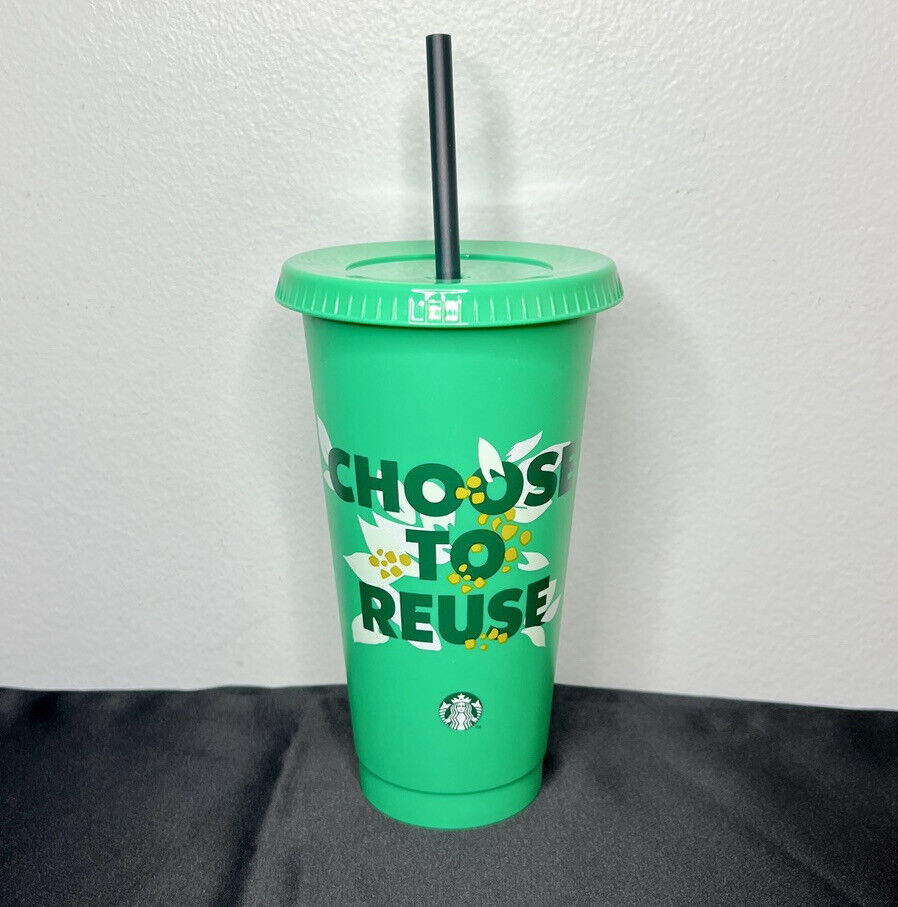 Starbucks “Choose To Reuse” Green Plastic 24oz Tumbler Snap On Lid & Straw 2023